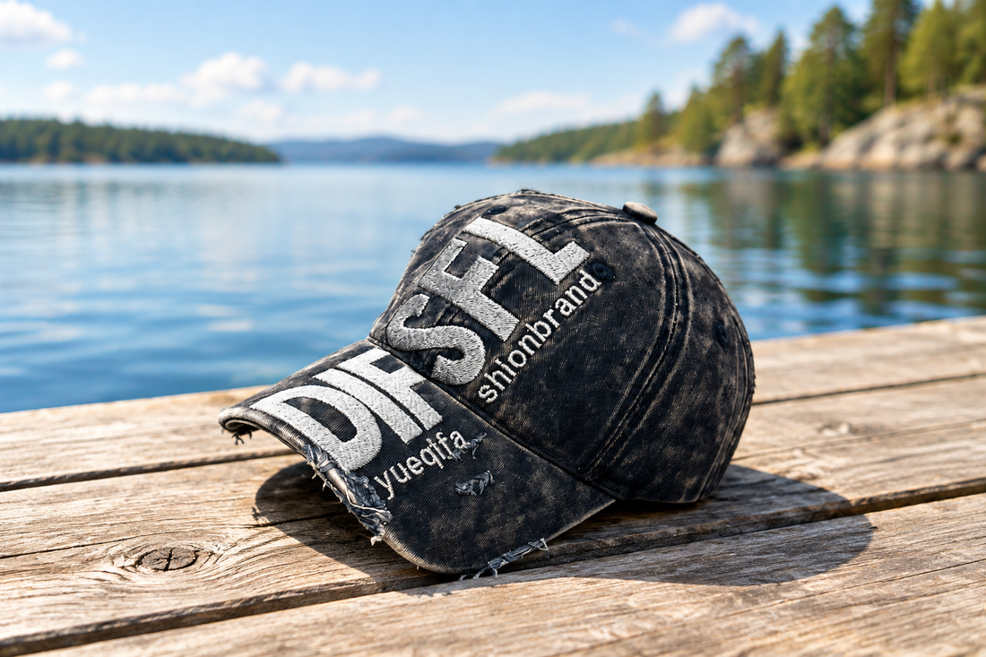 LuxeShade embroidered cotton baseball cap on a sunny Nordic dock