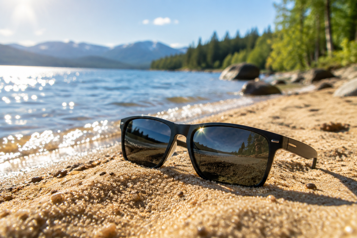 Polarized UV400 sunglasses on a sunny Nordic beach